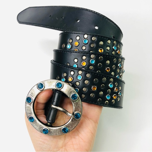 Vintage Lane Bryant Studded Jeweled Belt Rhinestones Round Pin Buckle Motorcycle - Picture 2 of 6